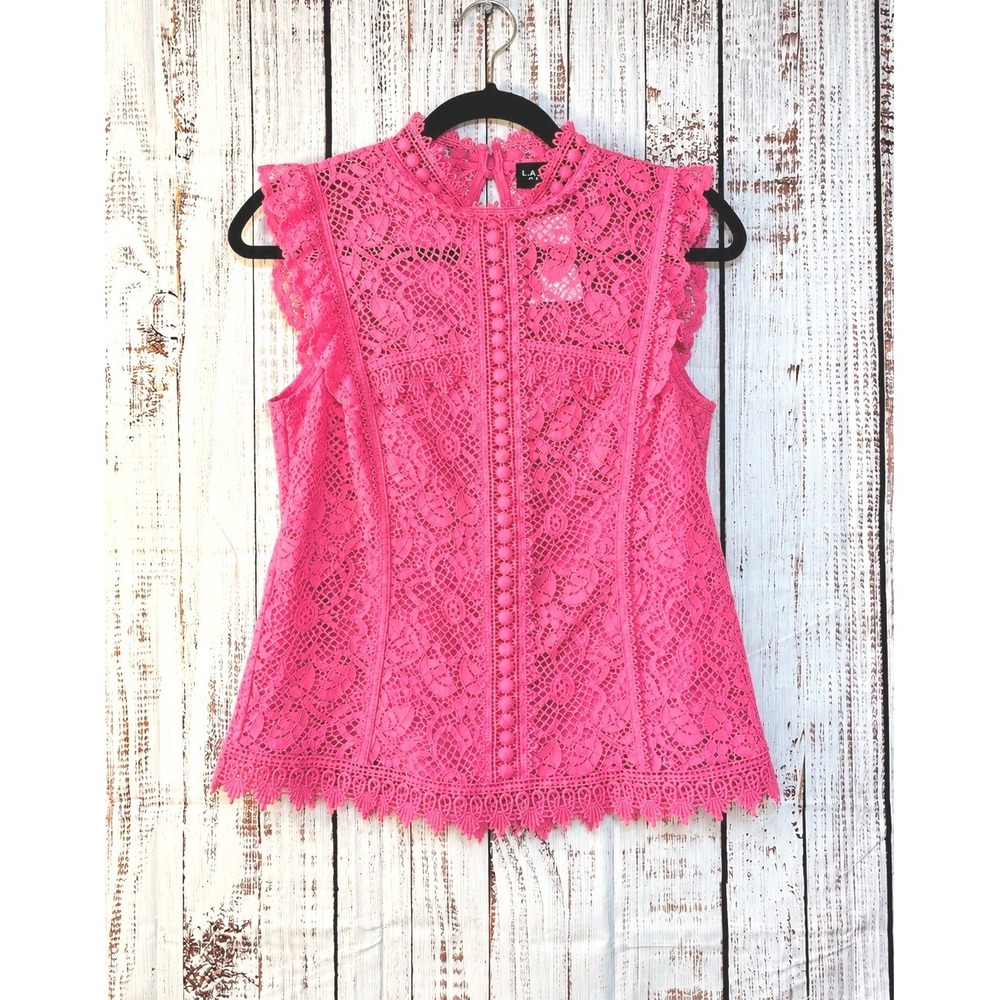 Laundry by Shelli Segal Pink Lace Mock Neck Sleeveless Top Blouse XS Love Potion